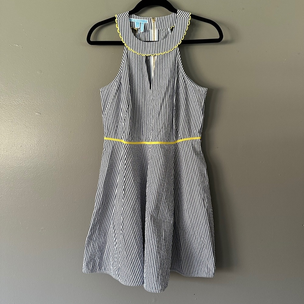 Draper James Seersucker Payton Dress | Blue +‎ White + Yellow Trim